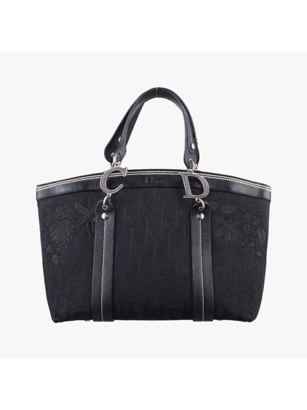Dior Trotter Flower Tote Bag Black Canvas Leather